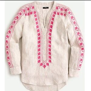 J Crew Linen Striped Blouse Tunic with Pink Embroidery XL